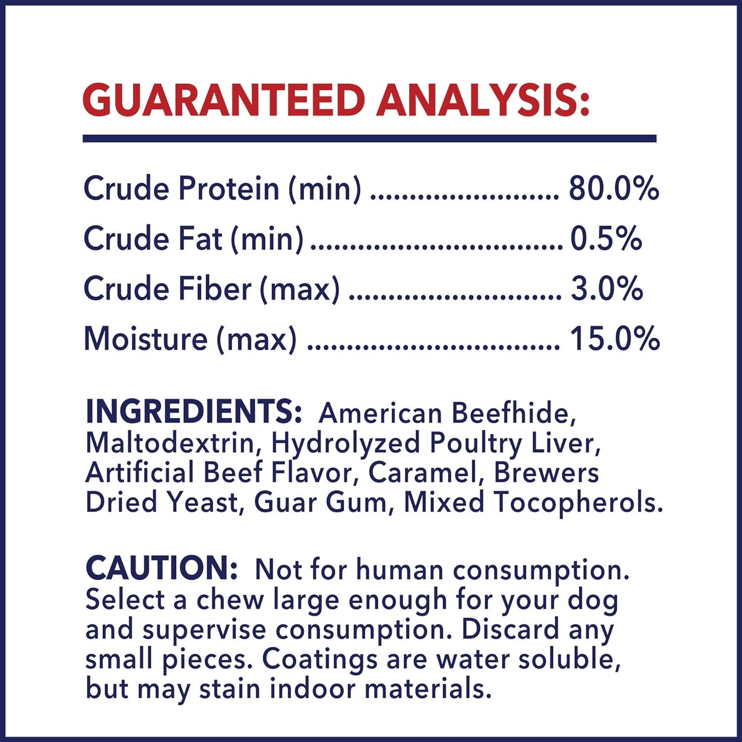 Back of the Pet Factory package detailing ingredients and safety chewing instructions.