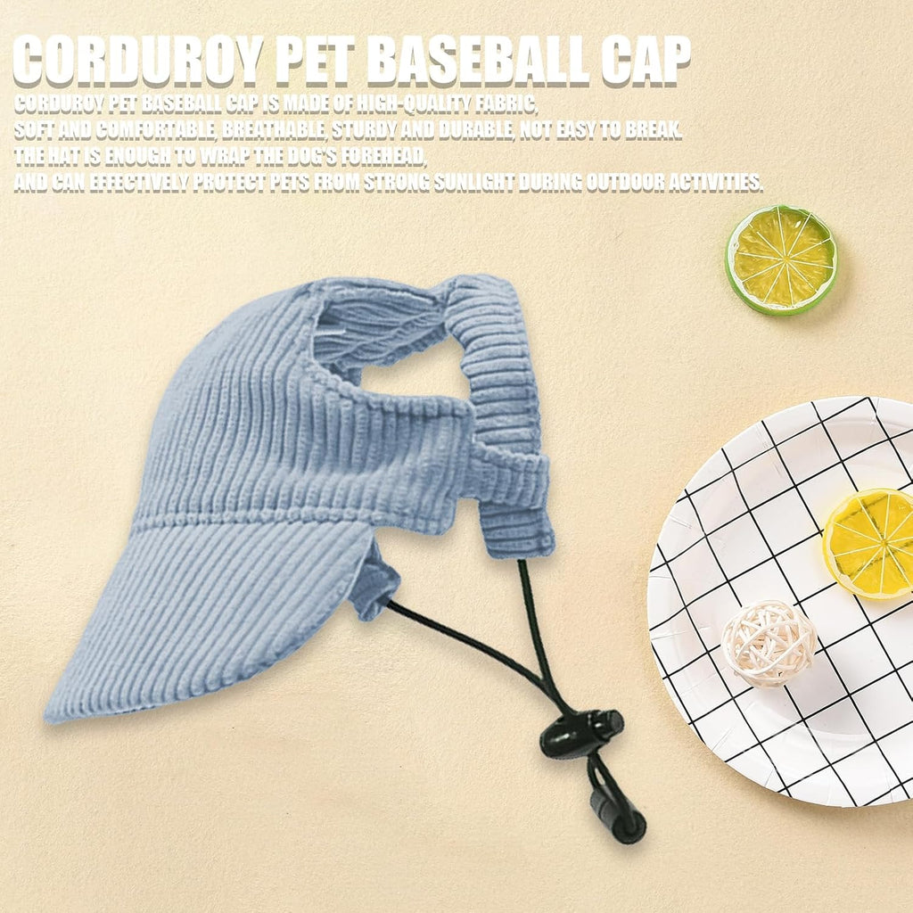 Side view of blue corduroy dog sun hat with ear holes