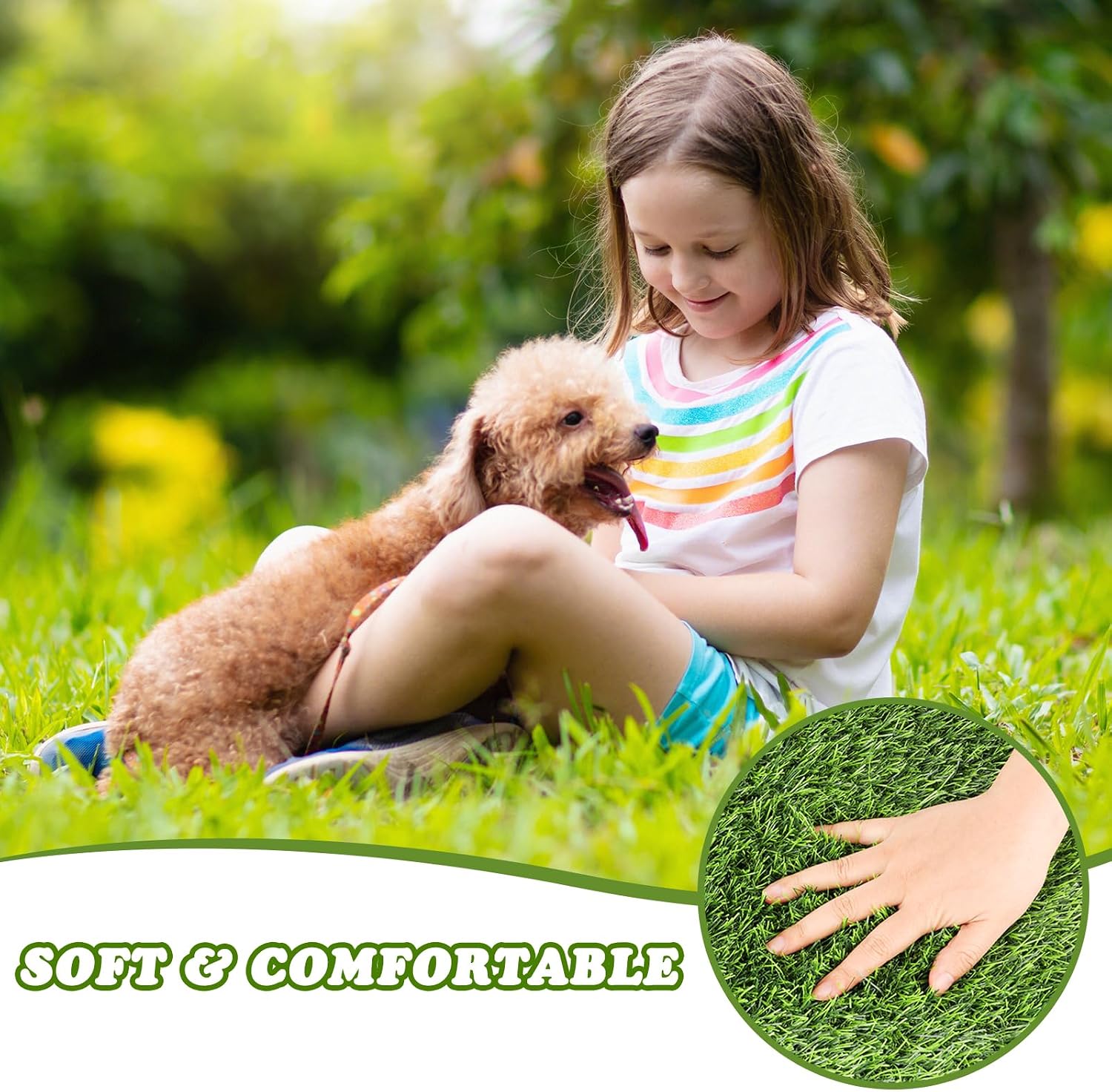 Puppy standing on soft green artificial grass pad