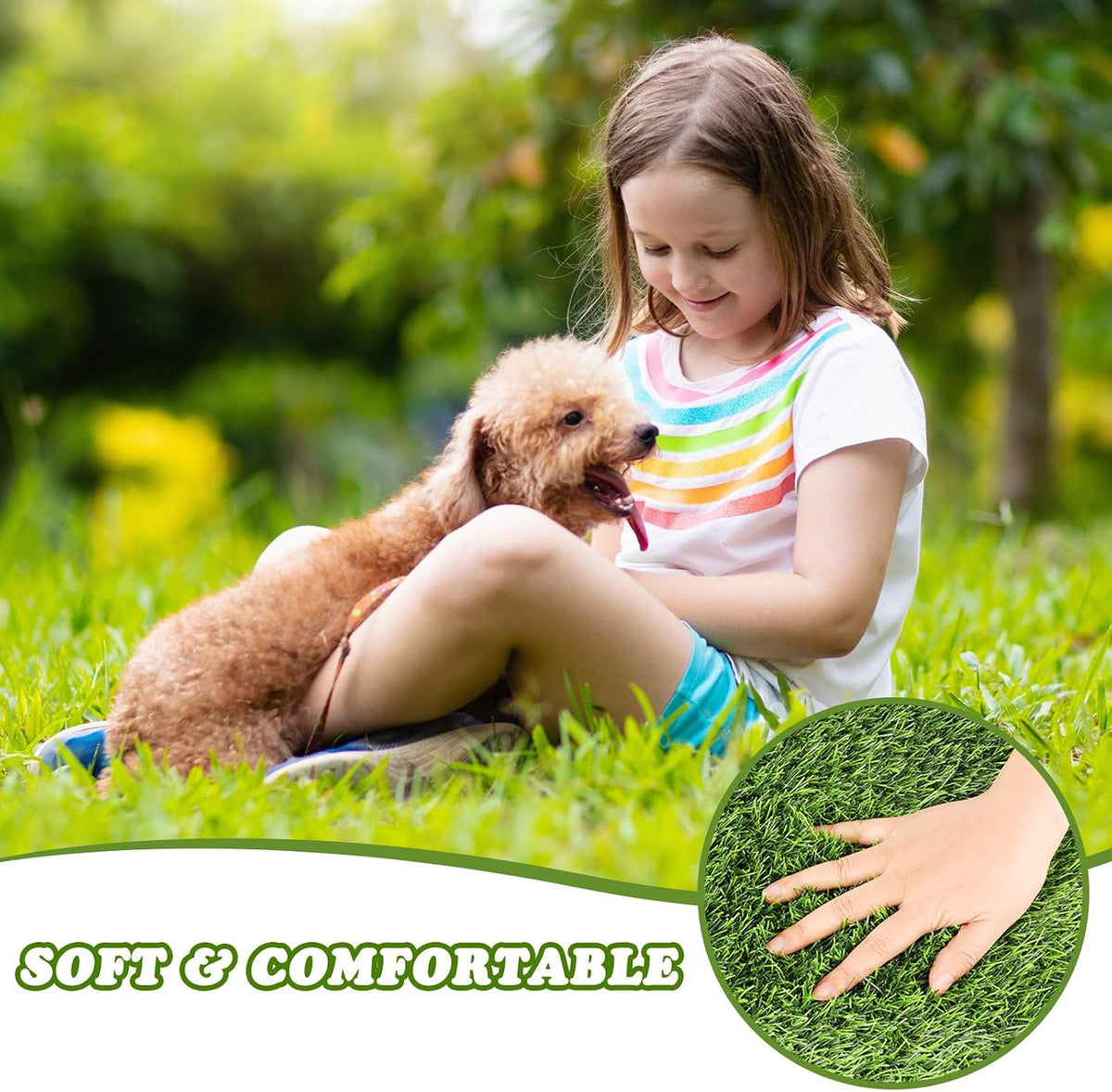 Puppy standing on soft green artificial grass pad