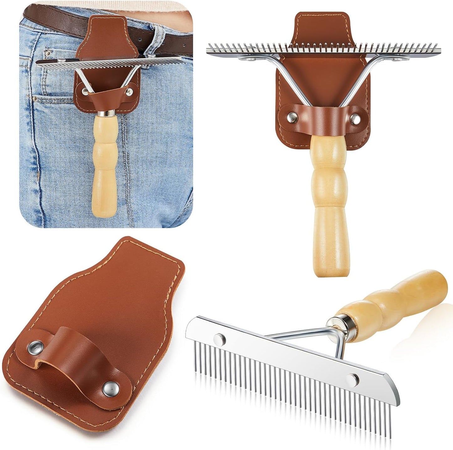 Blulu leather show comb holder and metal brush set front view