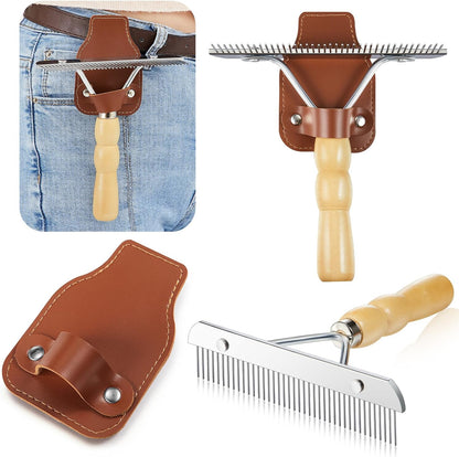 Blulu leather show comb holder and metal brush set front view