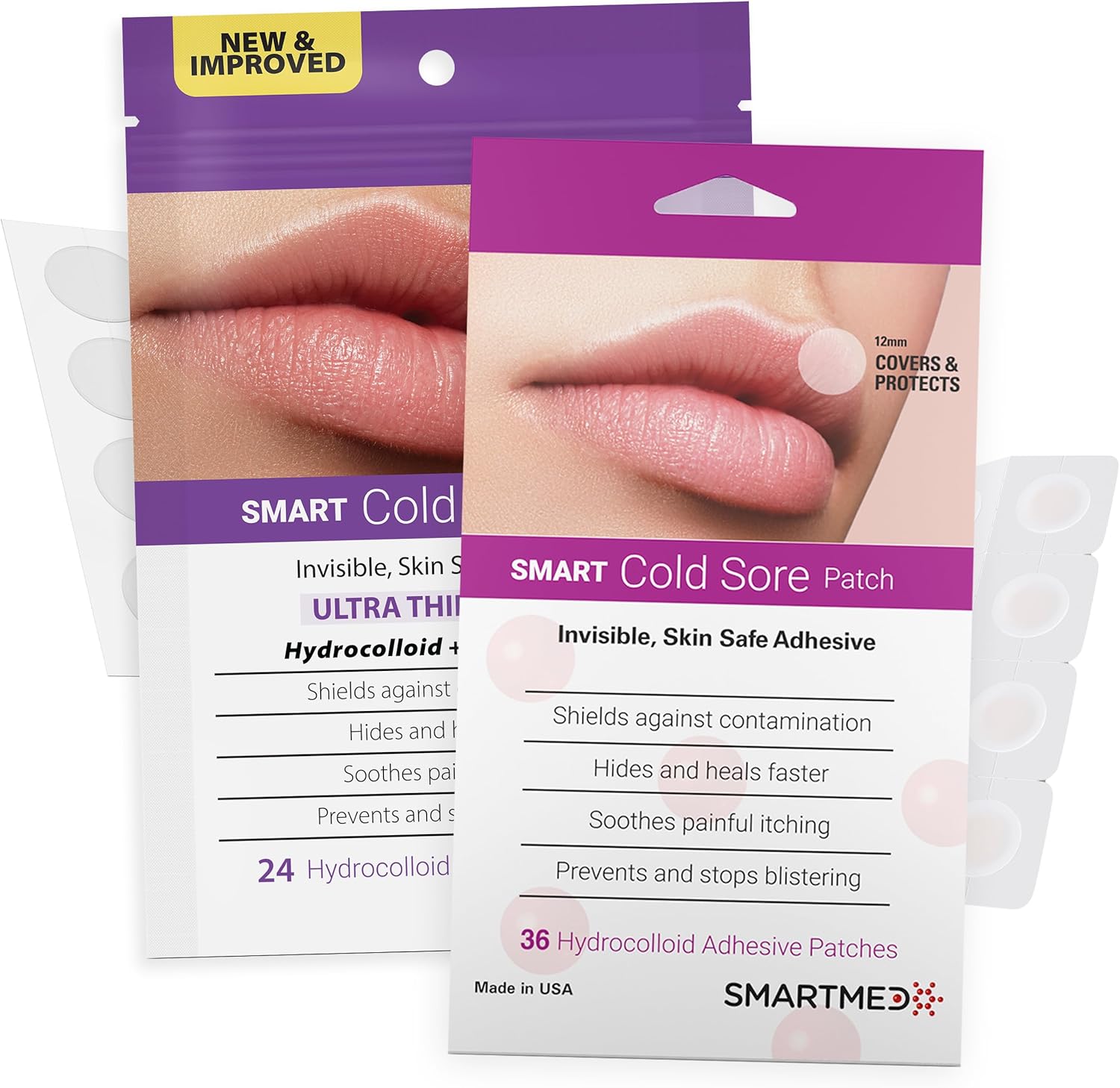 SMARTMED Cold Sore Treatment Patch Duo front packaging view featuring clear lip blister covers.