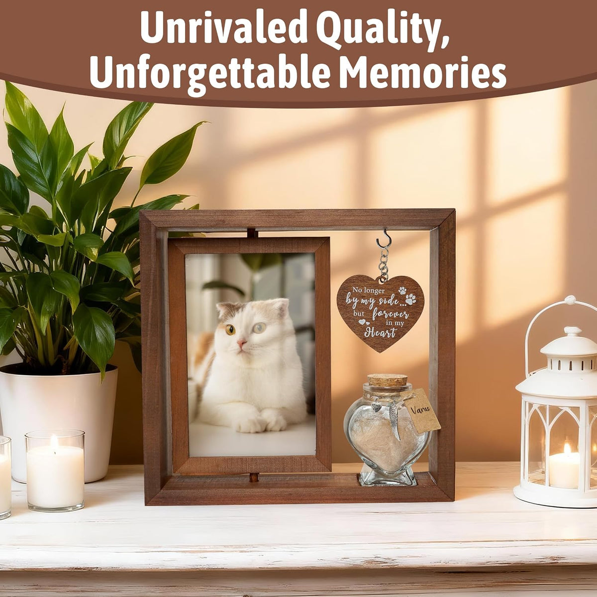 Close up of wooden heart pendant and acrylic protective panels on memorial frame.