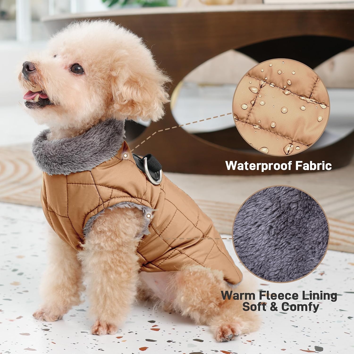 JoyDaog winter dog vest highlighting the dual metal D-ring built-in harness