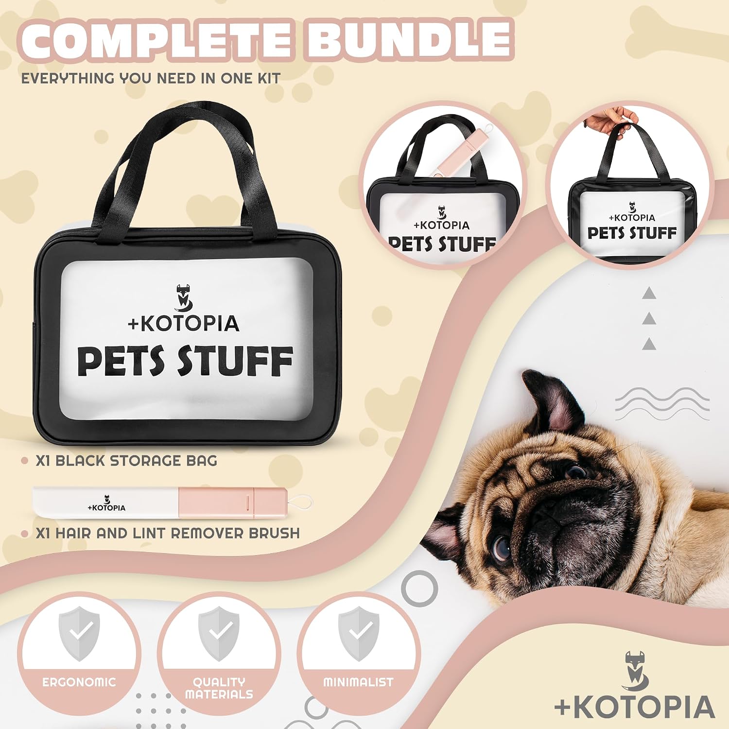 Pet hair remover brush included with Kotopia travel bag