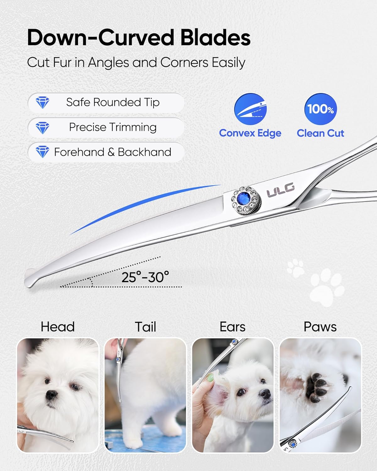 ULG Japanese stainless steel dog shears safety rounded tips close up view.