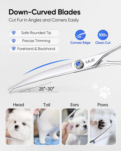 ULG Japanese stainless steel dog shears safety rounded tips close up view.