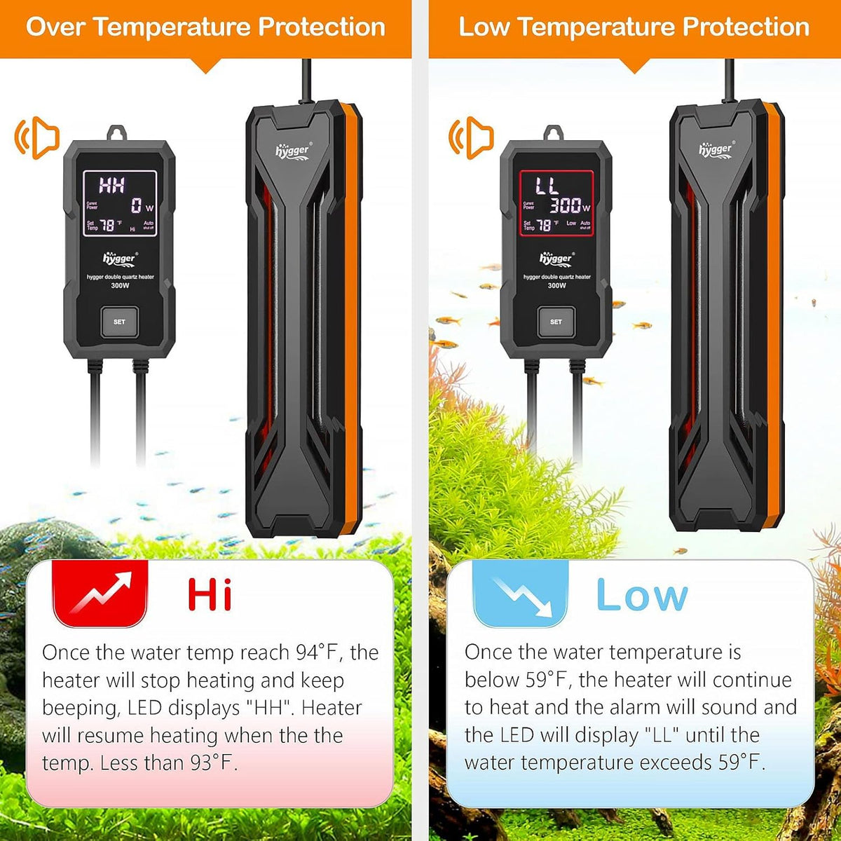 Hygger aquarium heater inside a fish tank setup