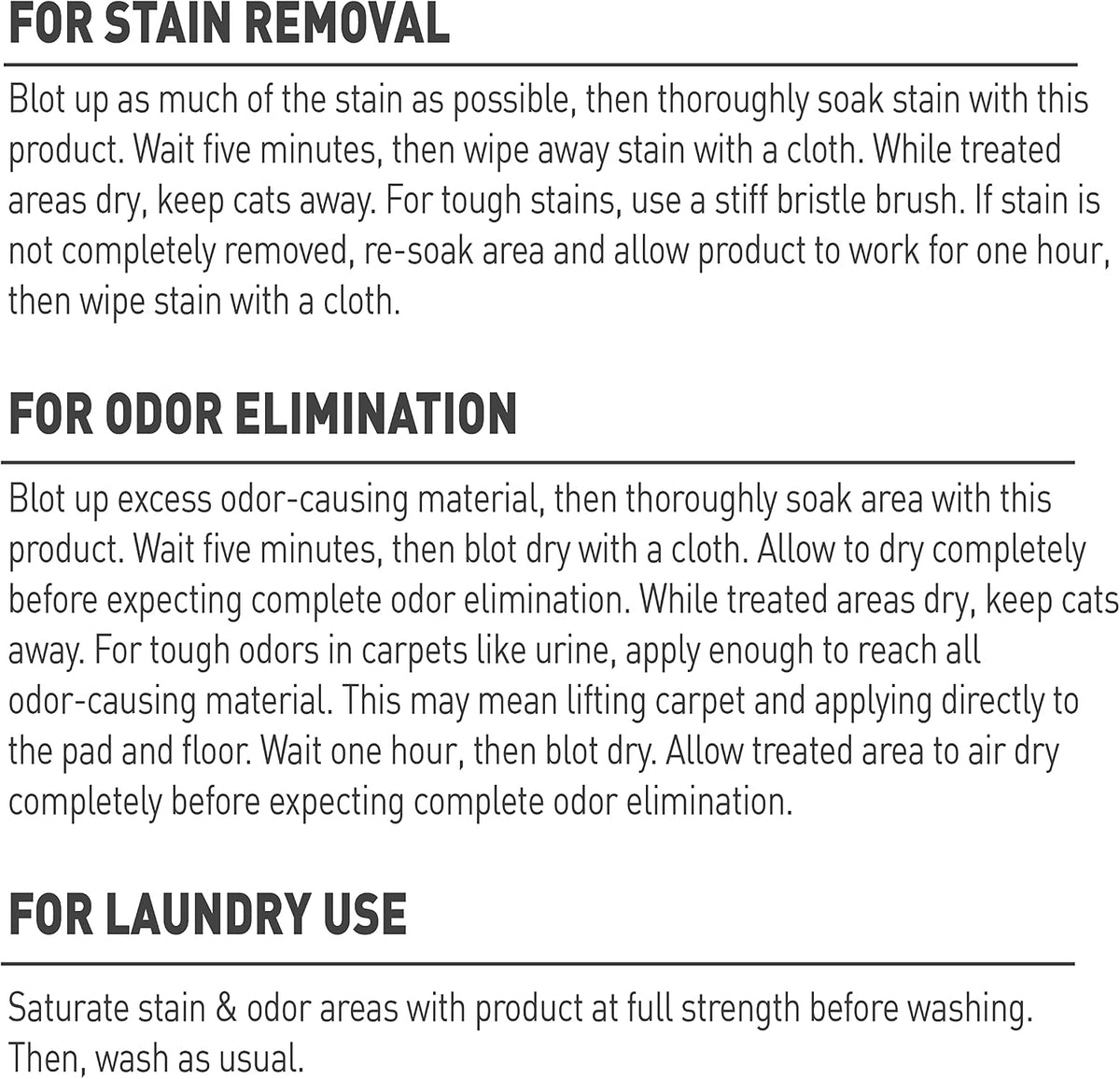 Natures Miracle pet stain remover back label instructions
