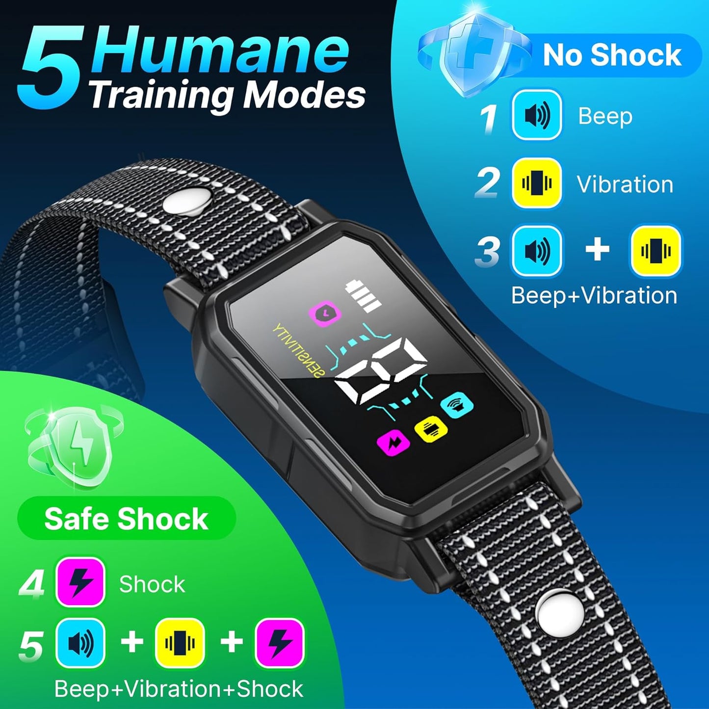 Three rechargeable dog bark collars for large and small dogs