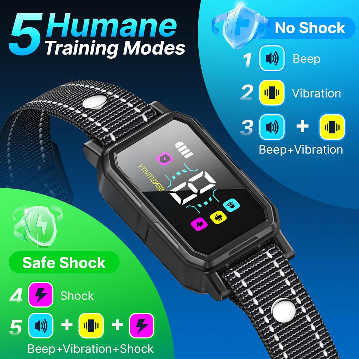Three rechargeable dog bark collars for large and small dogs