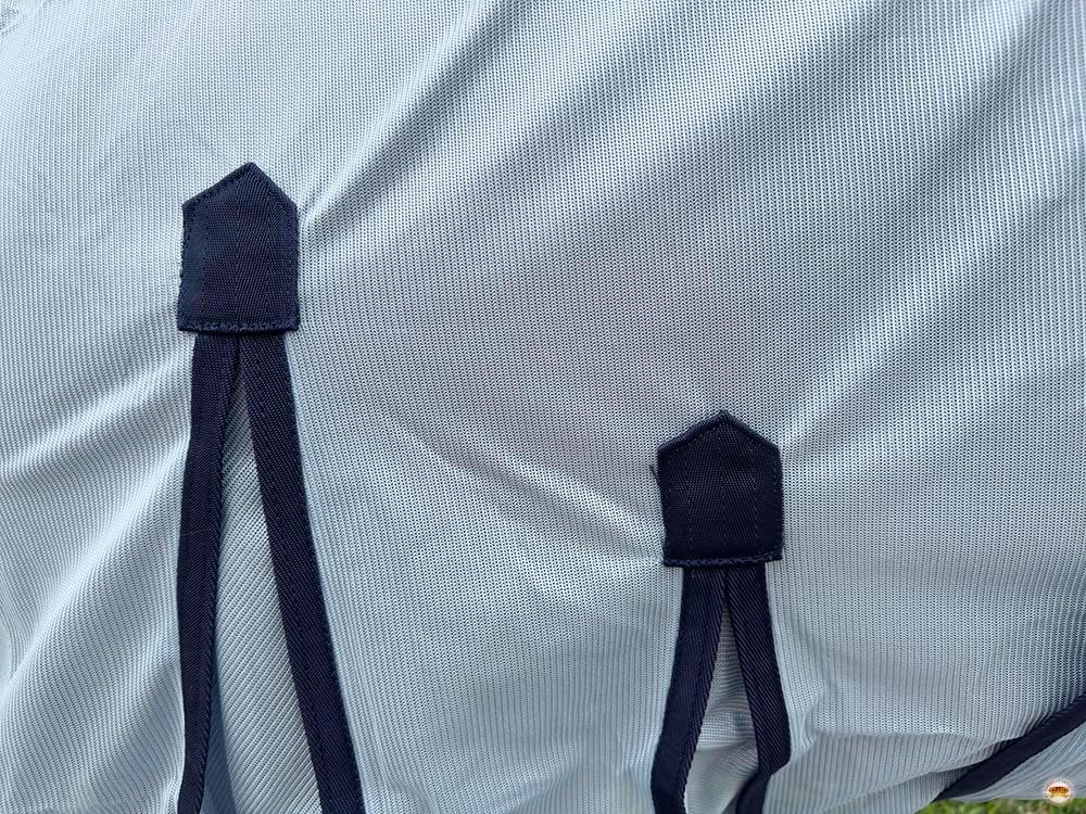 Premium imported equestrian fly shield with adjustable leg straps close up