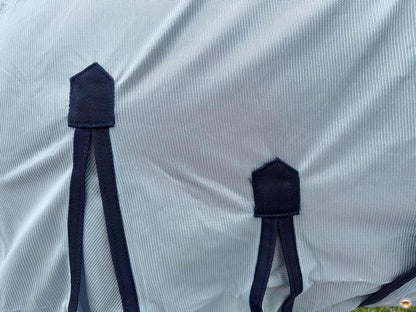Premium imported equestrian fly shield with adjustable leg straps close up
