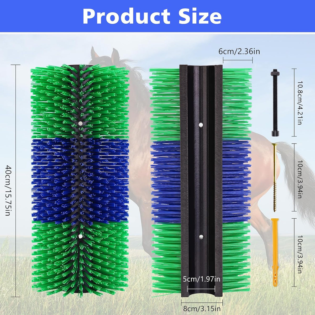 Pet Baby blue and green livestock grooming brush mounted on a post