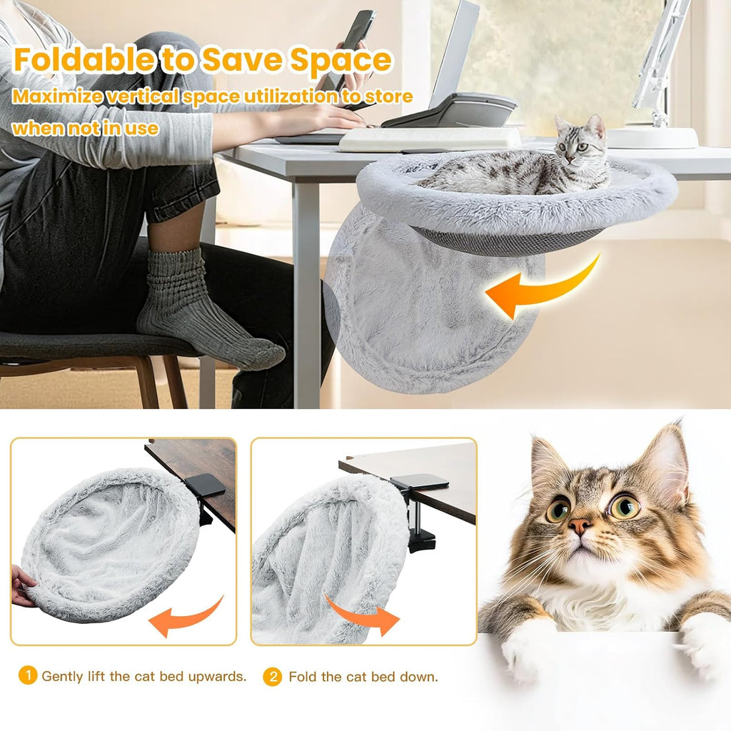Side view of foldable Pawaboo cat bed on workstation