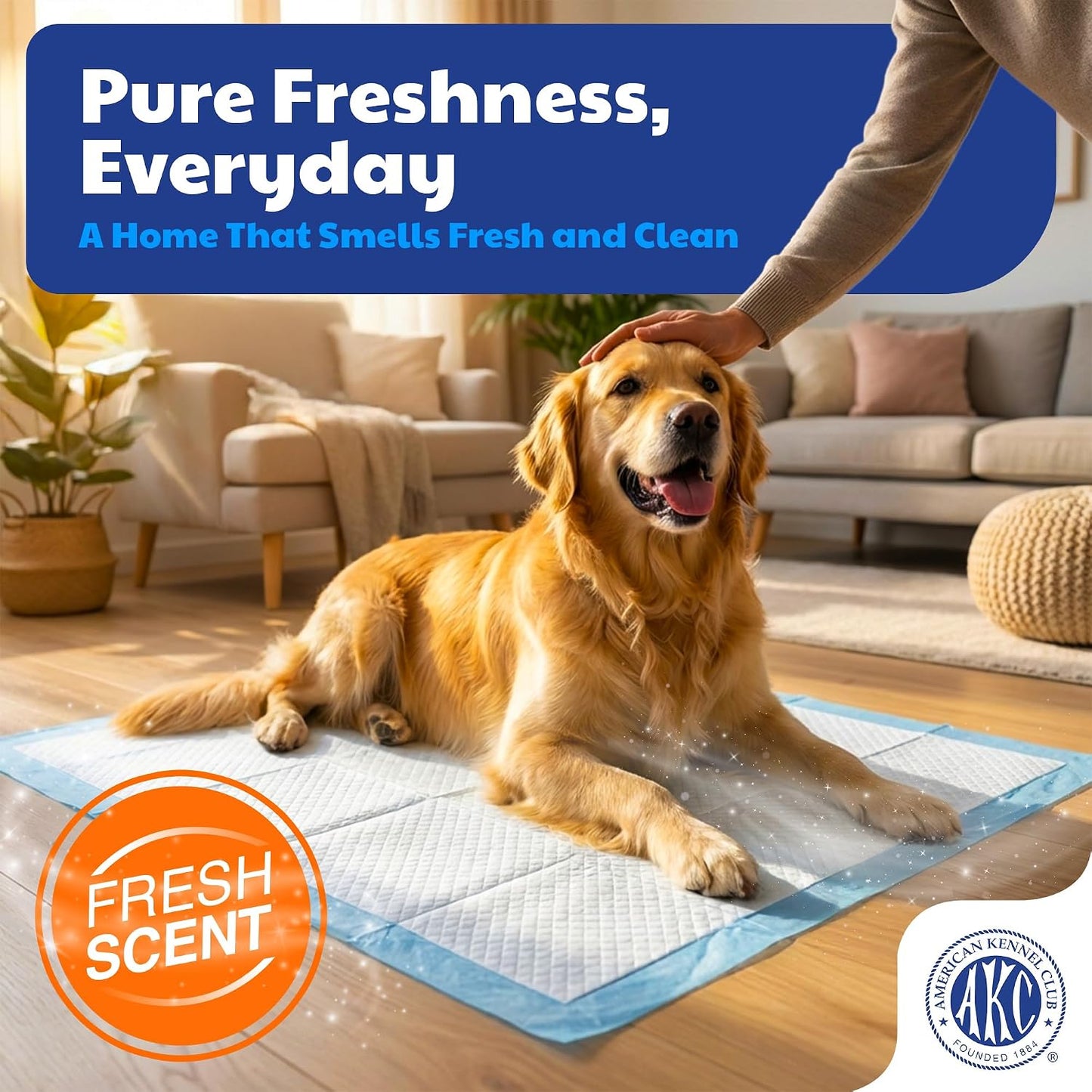 Fresh scented pet training pads by American Kennel Club showing textured quick dry top sheet