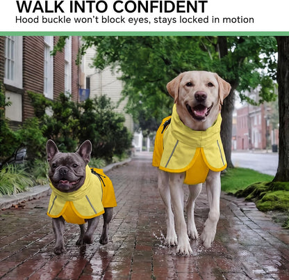 Yellow dog rain slicker with functional built in treat pocket close up