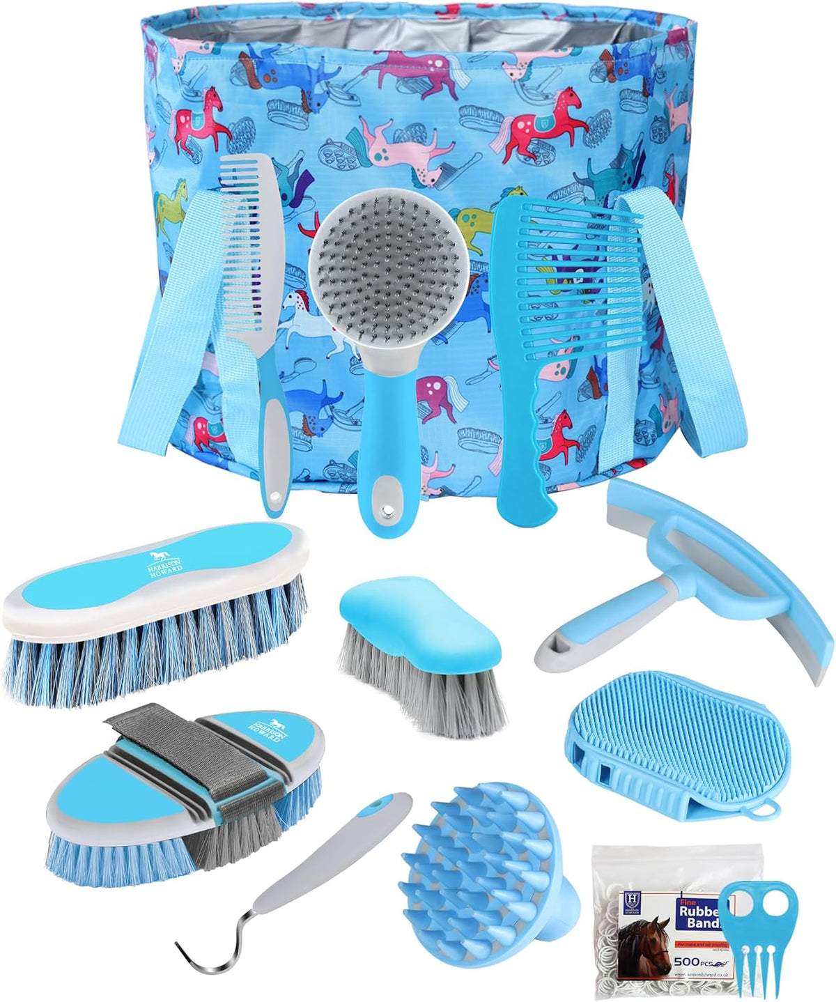 Harrison Howard Complete Horse Grooming Set, 11-Piece Advanced Daily Grooming Tools with Extra Brushes for Full Horse Care Black Brushstroke Ponies - Image 11