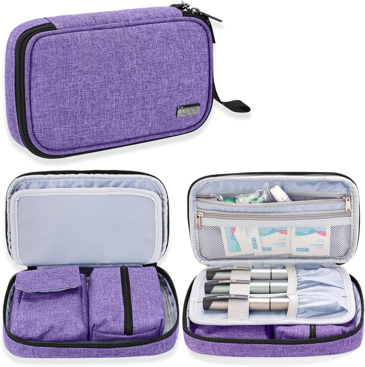 Luxja diabetic supplies travel case purple front view showing premium nylon fabric and sturdy handle