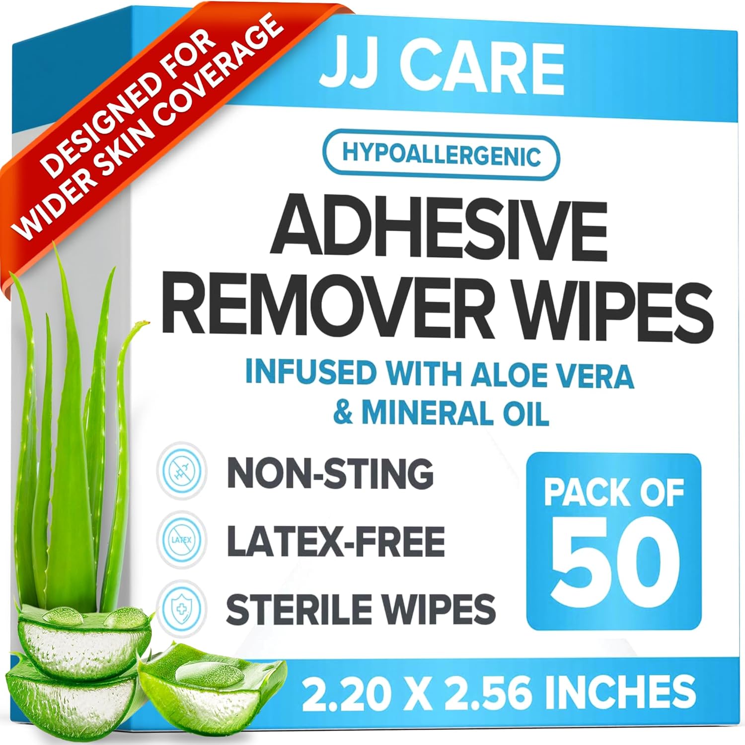 JJ CARE Adhesive Remover Wipes 50 pack front view medical skin care