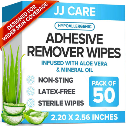 JJ CARE Adhesive Remover Wipes 50 pack front view medical skin care