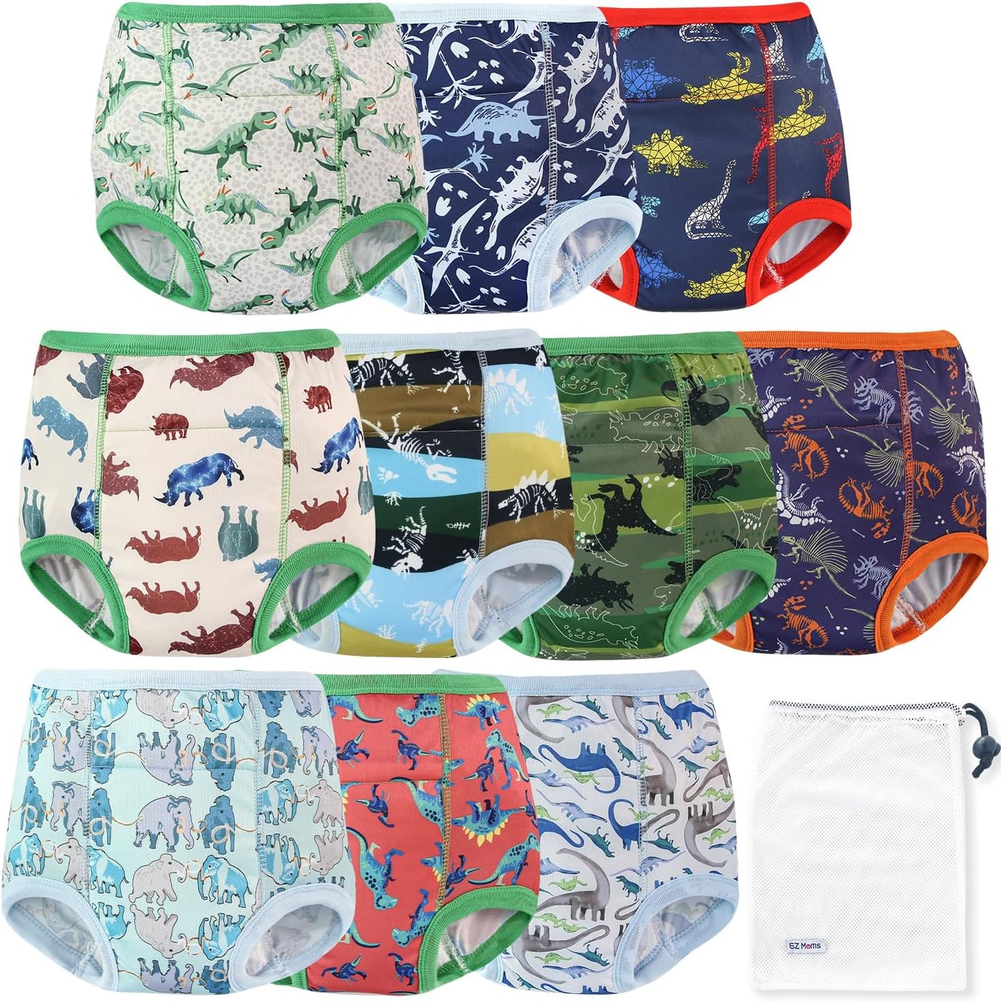 EZ Moms High Waist Potty Training Underwear front view of dinosaur print toddler pants pack.