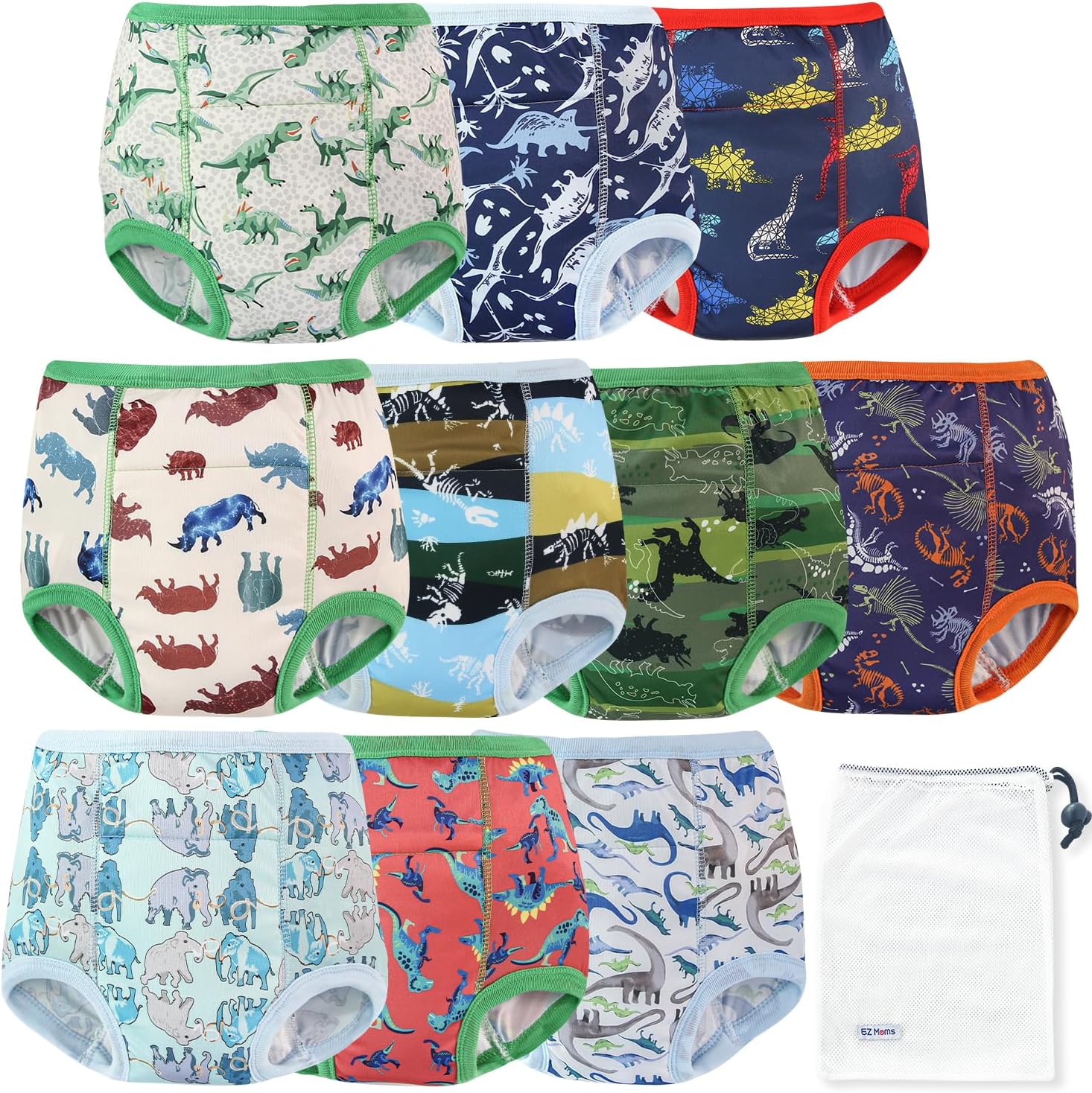 EZ Moms High Waist Potty Training Underwear front view of dinosaur print toddler pants pack.