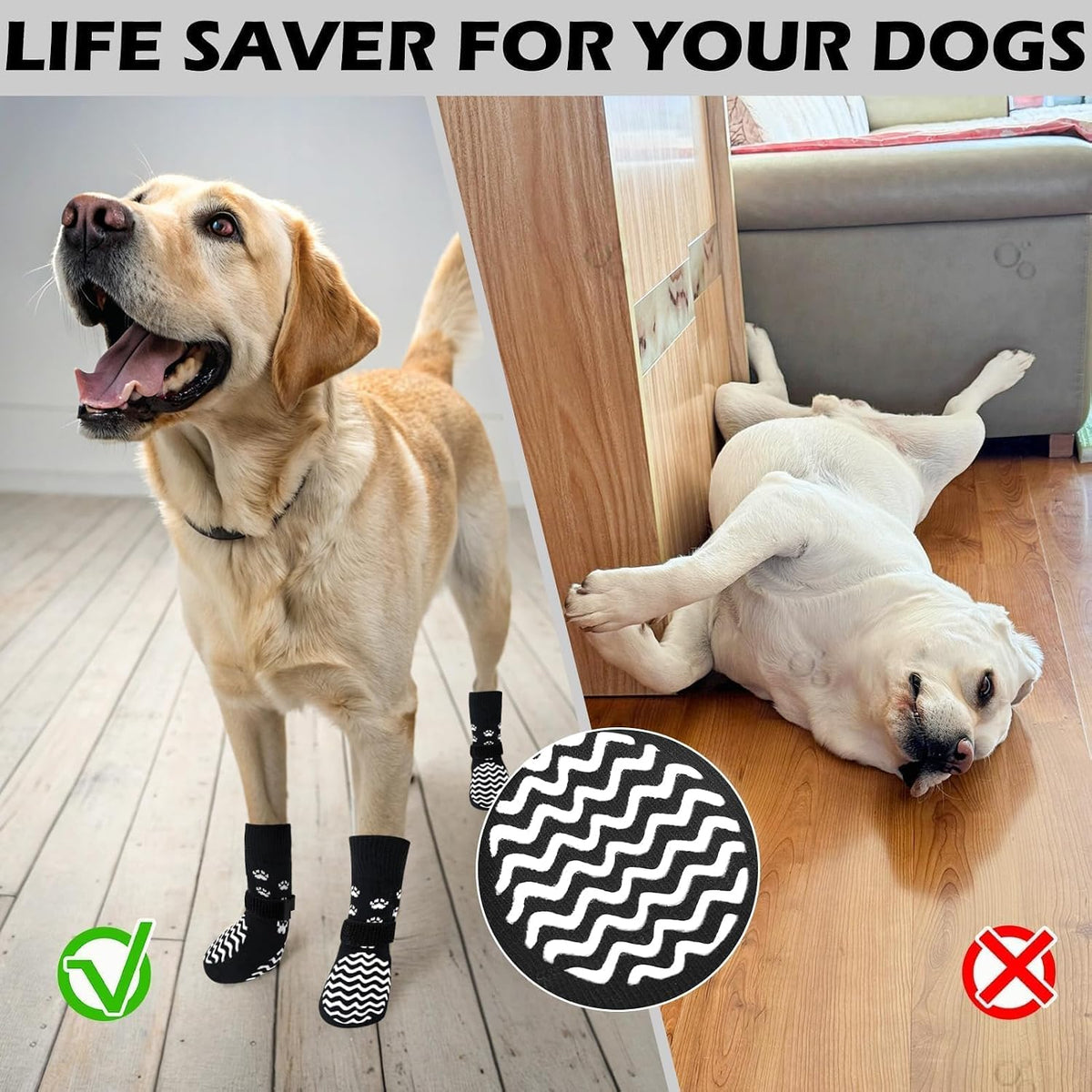 Small dog wearing protective anti-slip paw booties