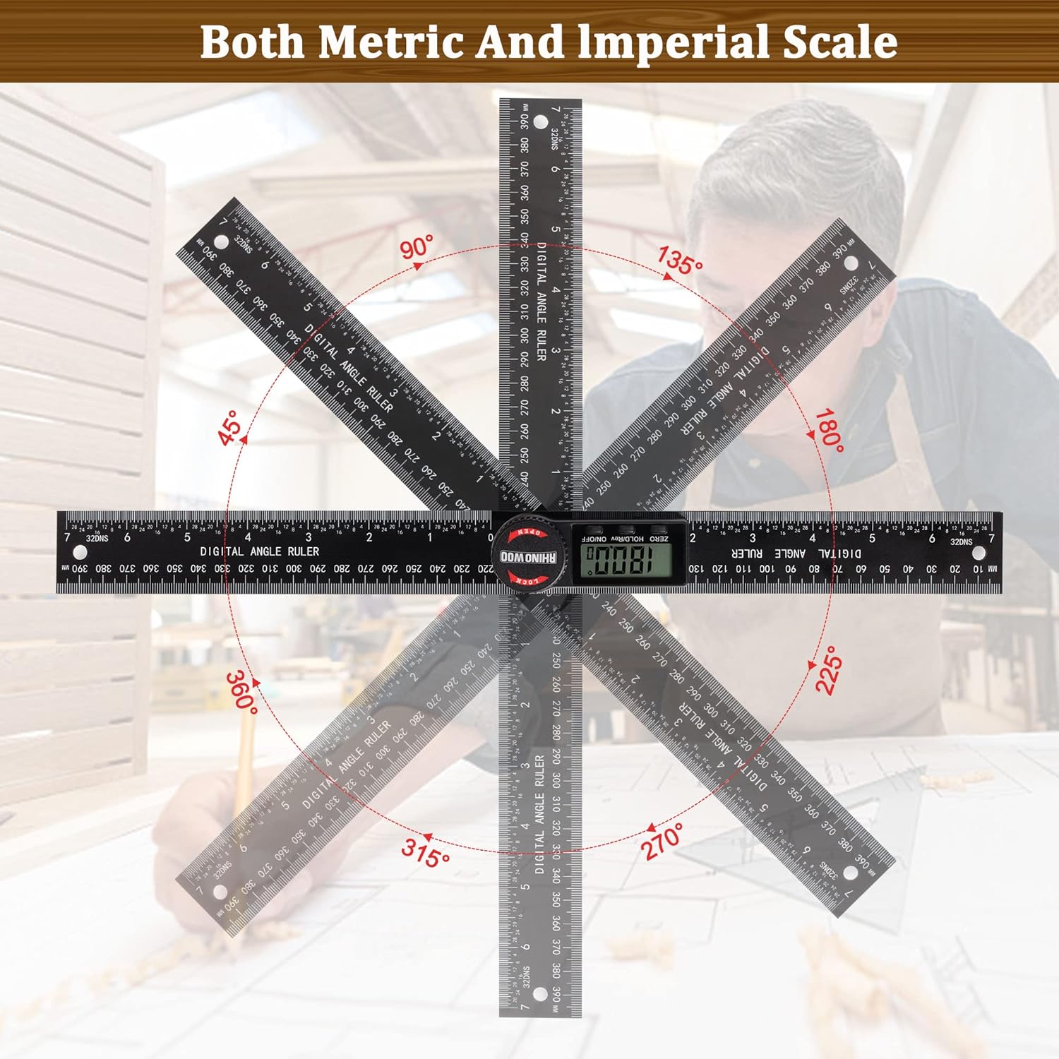 TBVHOMM digital angle ruler highlighting the locking knob and function buttons