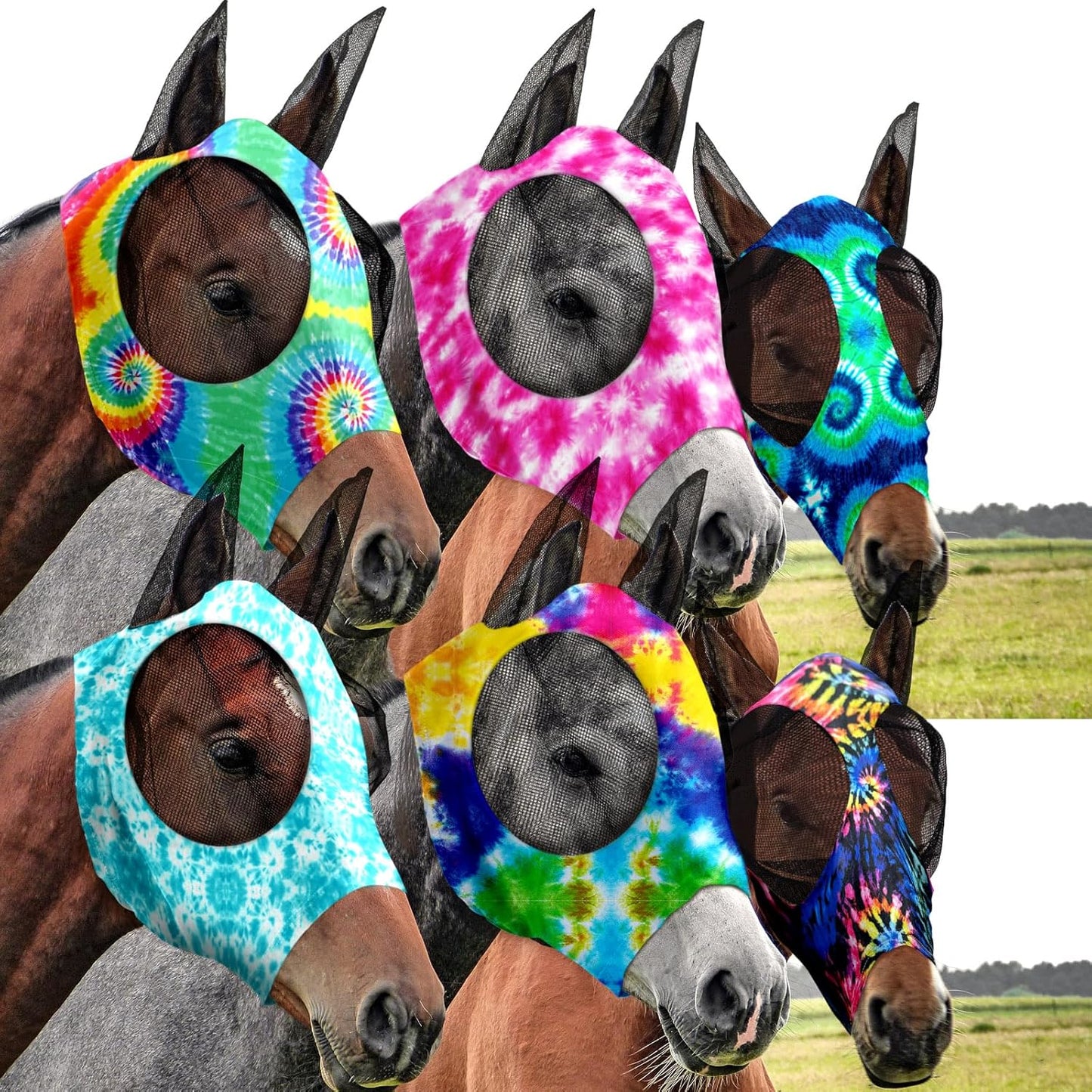 Chunful 6 pieces horse fly masks set with ear protection front view