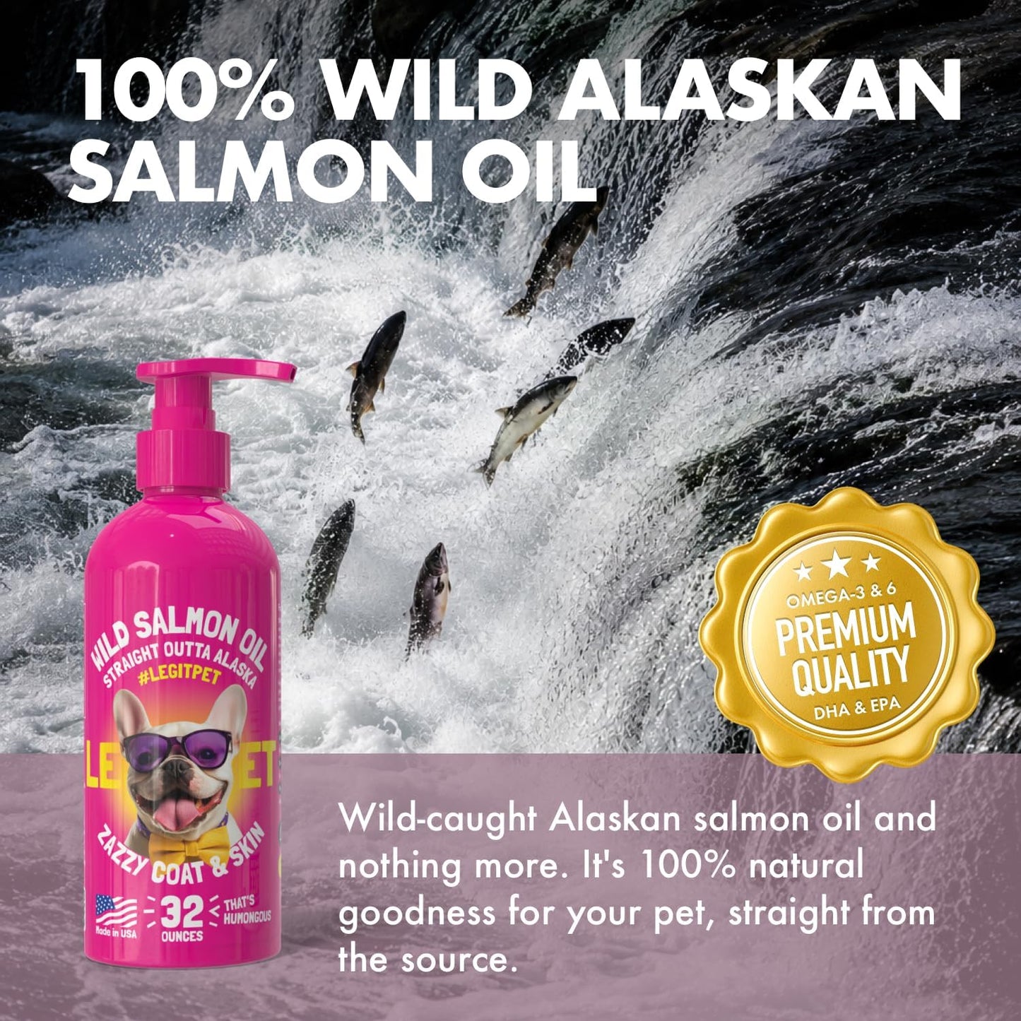 Liquid EPA DHA fatty acids skin and coat supplement pour demonstration on pet food.