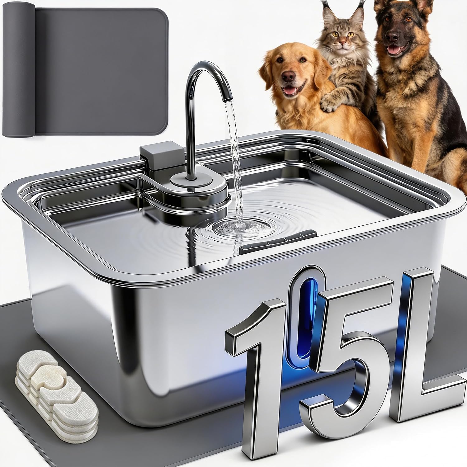 12L/3.17Gal Dog Water Fountain with Silicone Mat & 3 Filters, Stainless Steel Multi Pet Water Dispenser, Quiet Automatic Dog Water Bowl Dispenser with Visible Window & Alert Light for Large Dogs Cats - Image 10