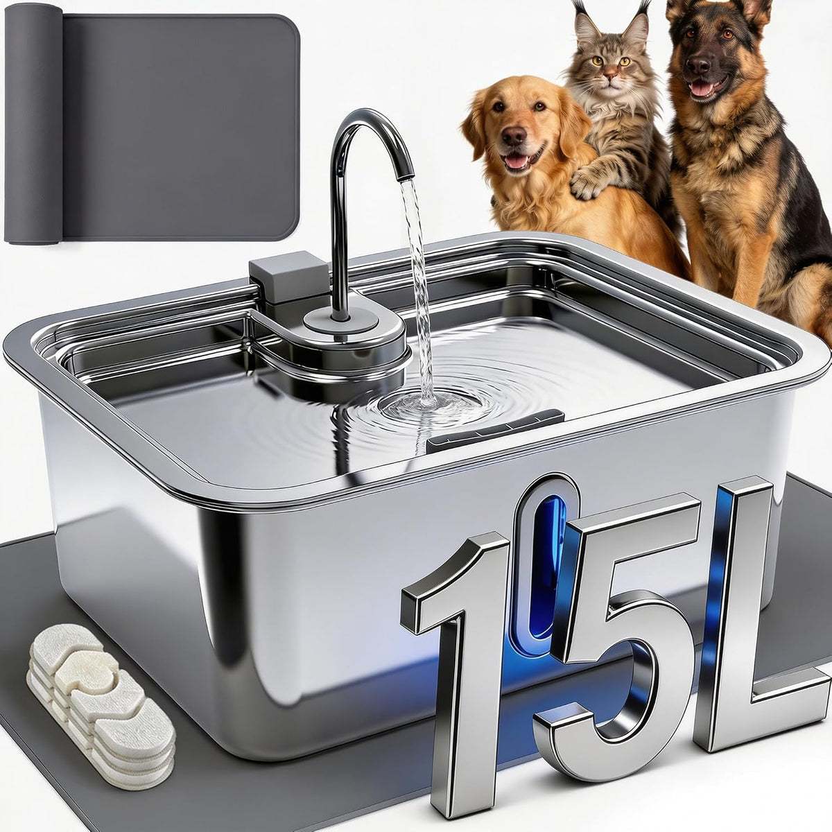 12L/3.17Gal Dog Water Fountain with Silicone Mat & 3 Filters, Stainless Steel Multi Pet Water Dispenser, Quiet Automatic Dog Water Bowl Dispenser with Visible Window & Alert Light for Large Dogs Cats - Image 10