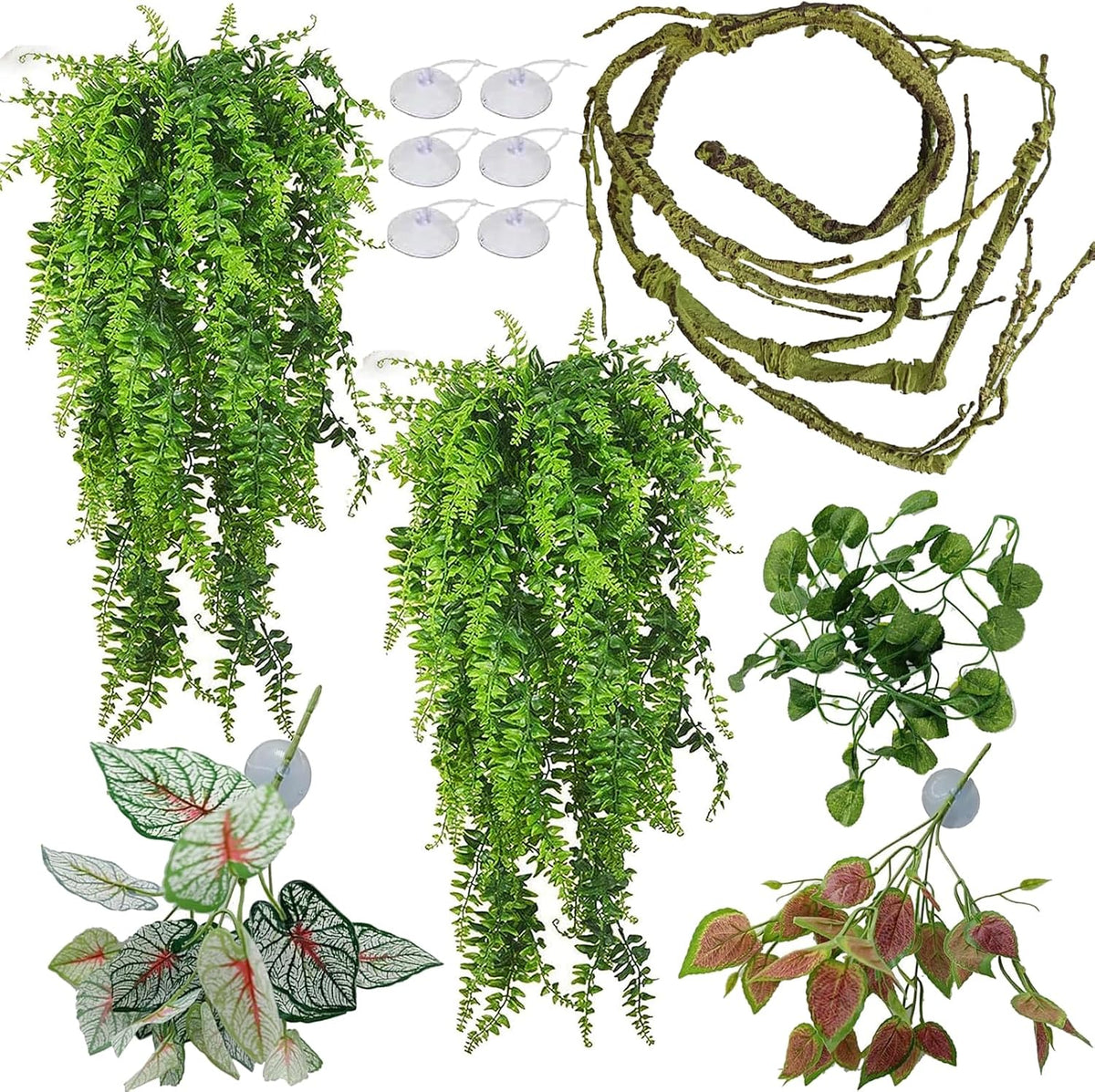 MEPHAN reptile tank accessories front view showing artificial plants and bendable vines.