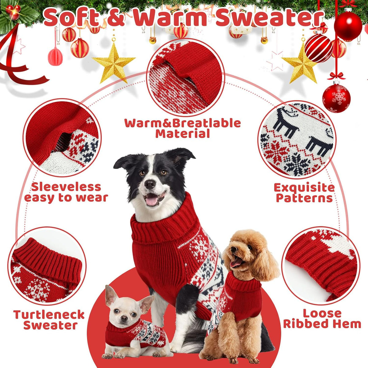 Side profile of a small medium dog wearing the warm cartoon deer pattern winter apparel.