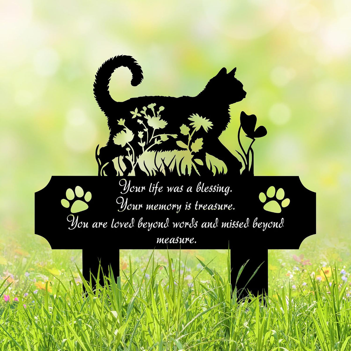 HEGANITS Cat Grave Marker Outdoor Memorial 12 inch metal plaque front view placed in a garden