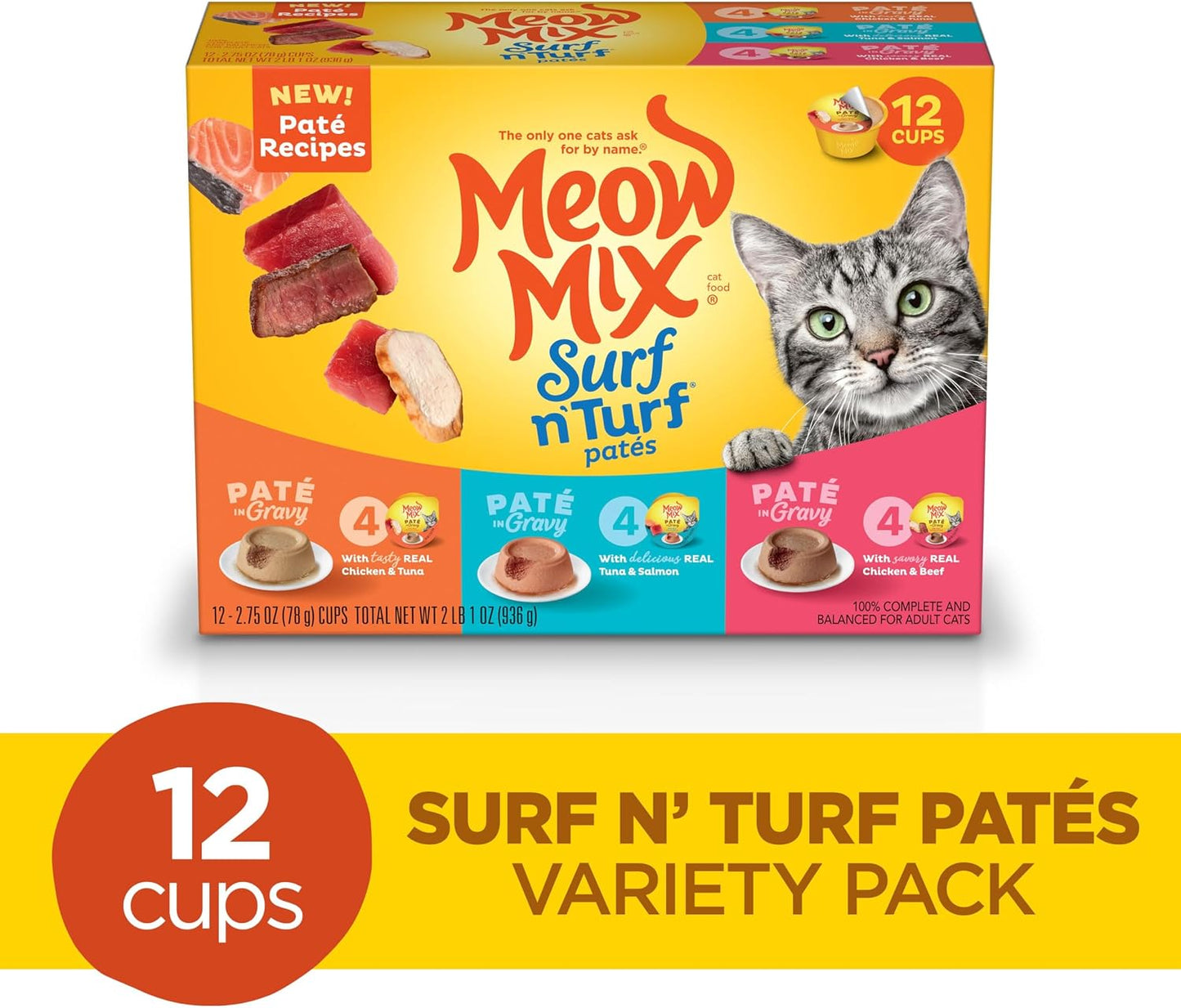 Meow Mix PatÃ© In Gravy wet cat food packaging stack