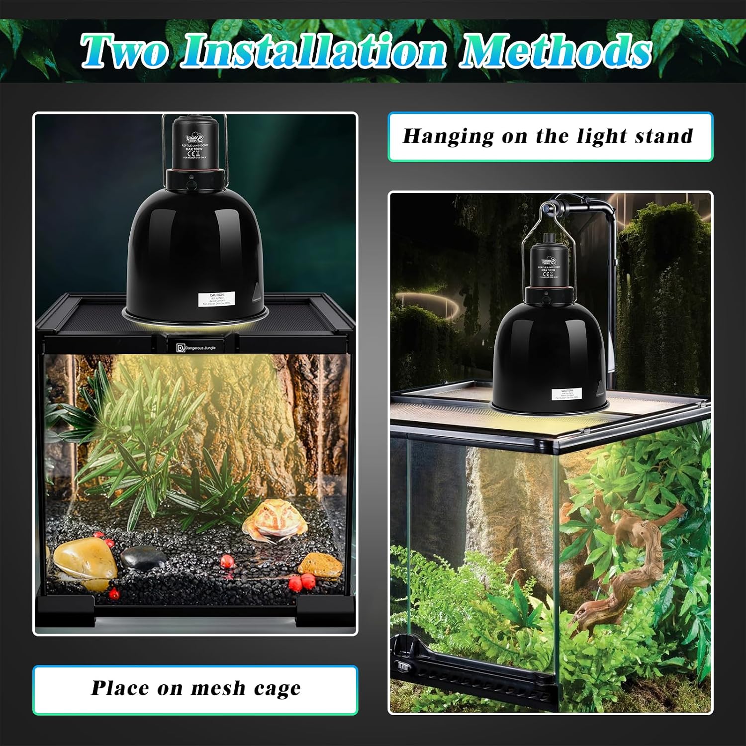 Reptile heat lamp setup on a mesh terrarium screen showing efficient thermal reflection.