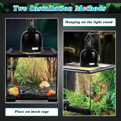Reptile heat lamp setup on a mesh terrarium screen showing efficient thermal reflection.