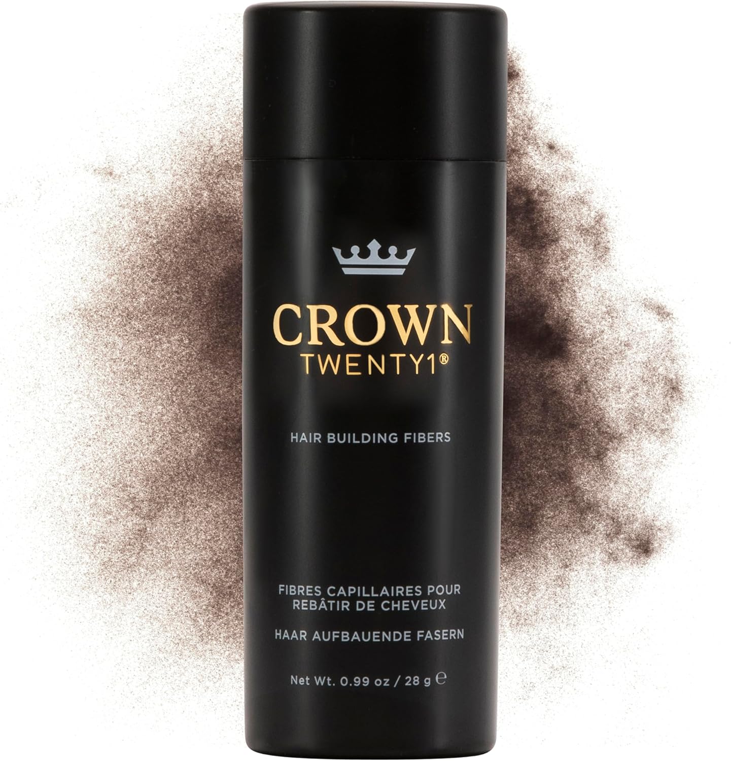 Crown Twenty1 Hair Building Fibers front view packaging showing dark brown variant text