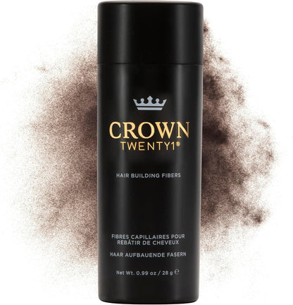 Crown Twenty1 Hair Building Fibers front view packaging showing dark brown variant text