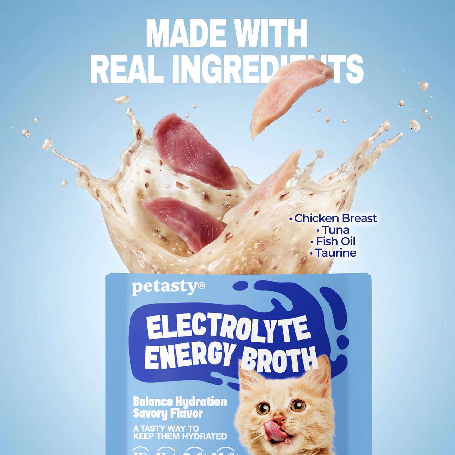 Petasty grain free cat broth pouring over dry kibble