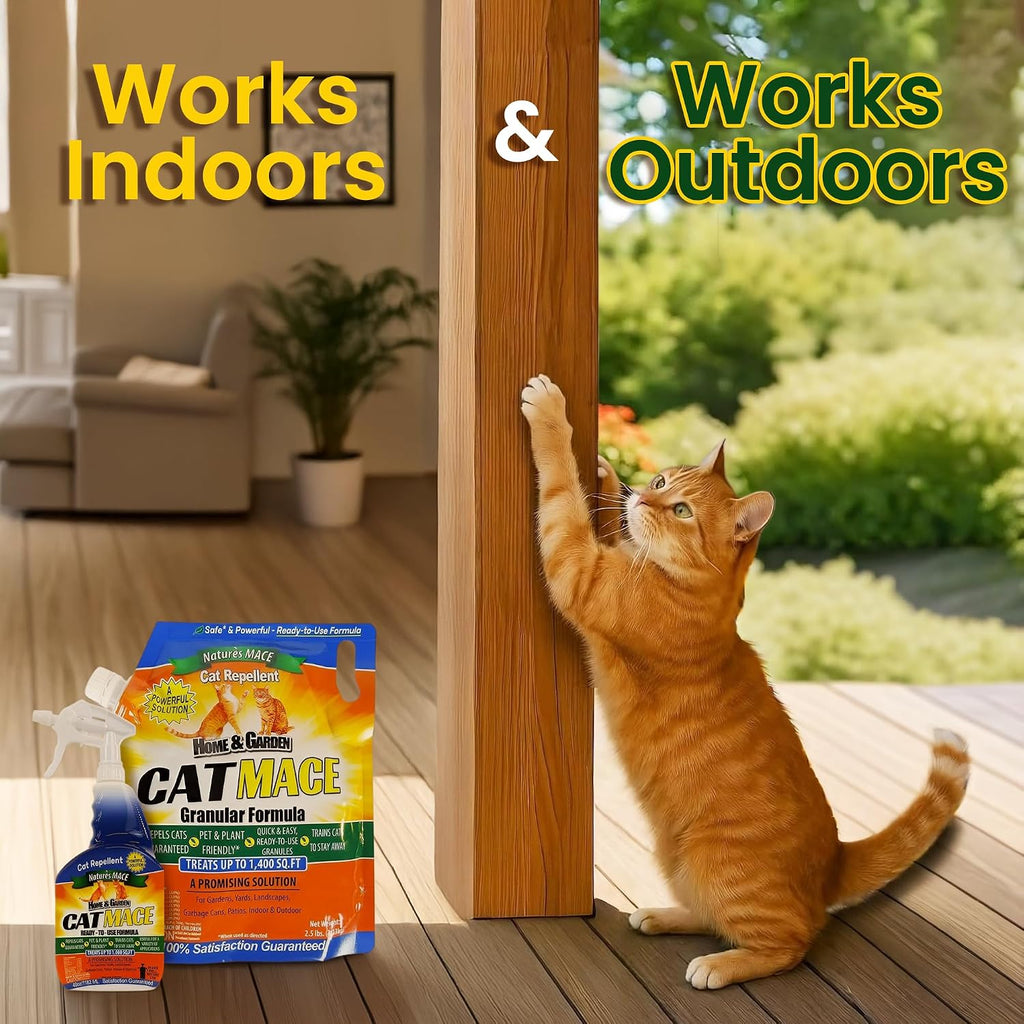 Nature's Mace cat training spray displayed next to indoor furniture application setting
