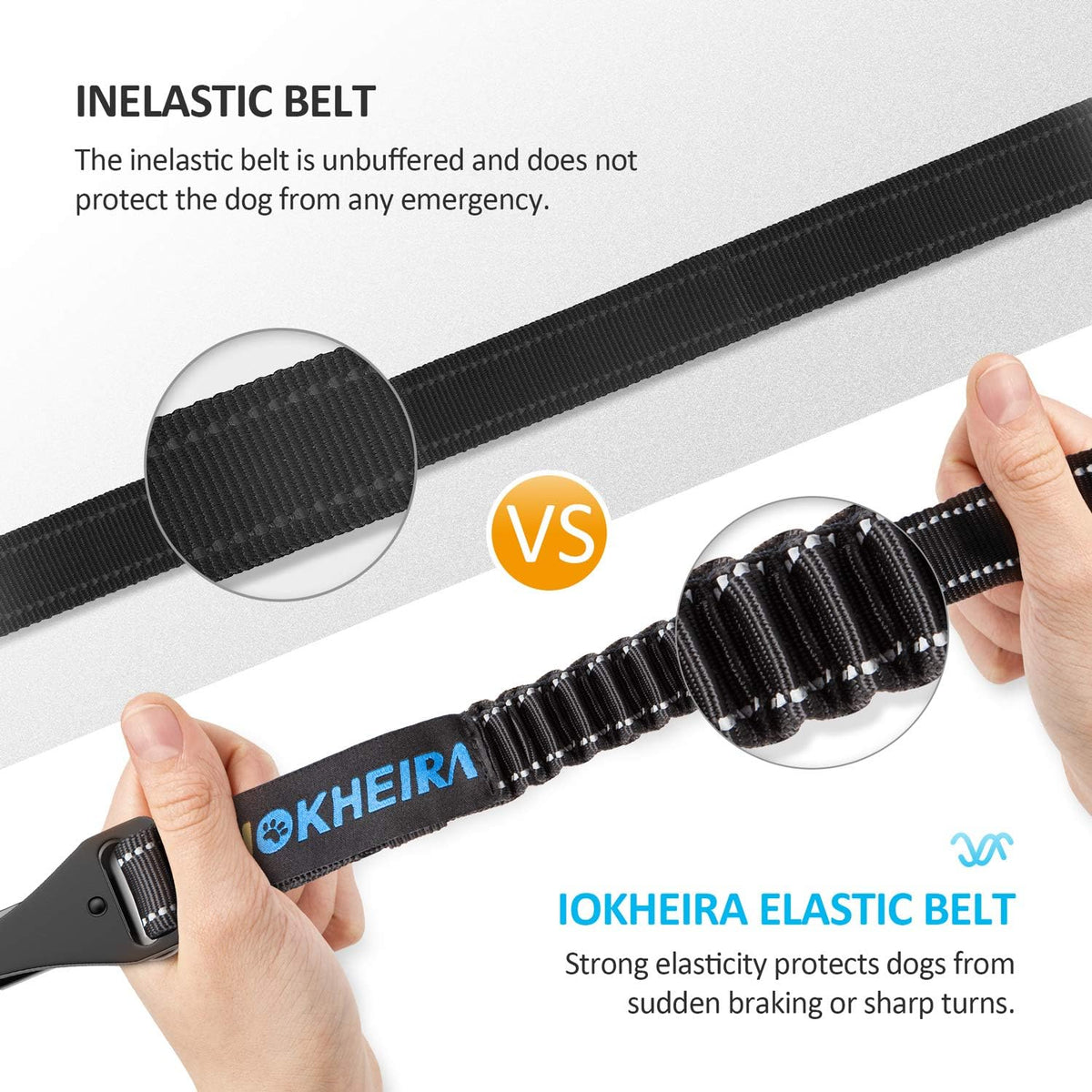 Reflective stitching detail on Iokheira dog seat belt