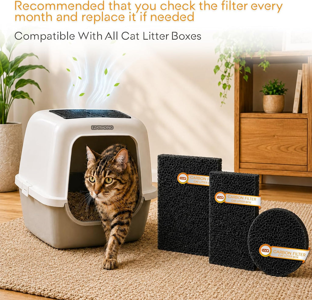 Ezatrading premium carbon air filters being installed into an enclosed cat litter box hood.
