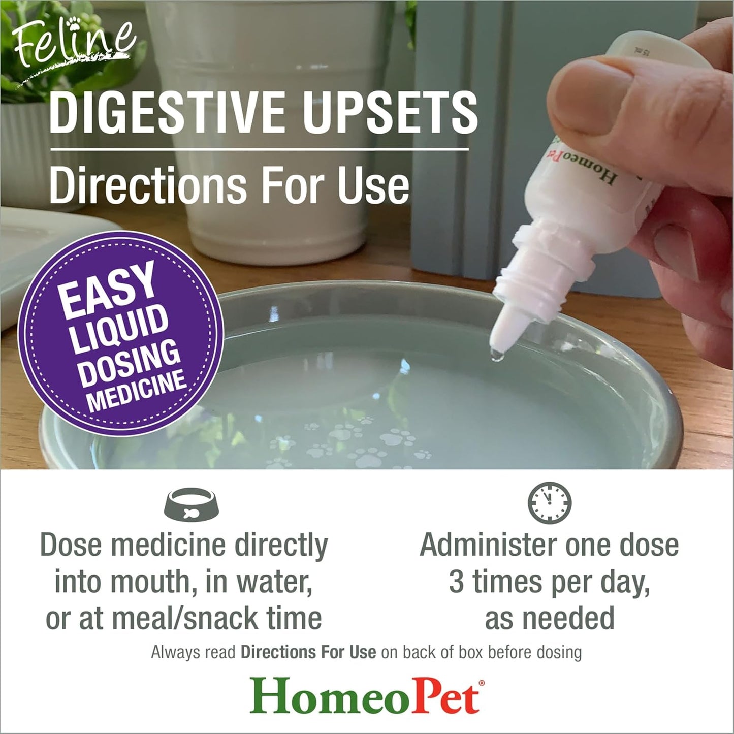 HomeoPet Feline Digestive Upsets box packaging showing safe homeopathic formula details