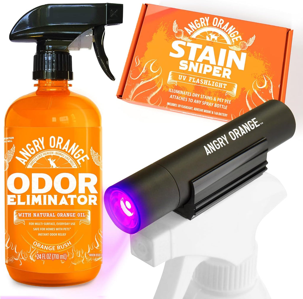 Angry Orange Pet Odor Eliminator Kit front view showing the 24 ounce spray bottle and UV flashlight