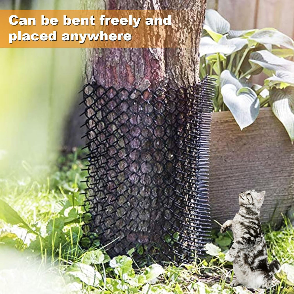Flexible cat deterrent mat wrapped around a garden tree base