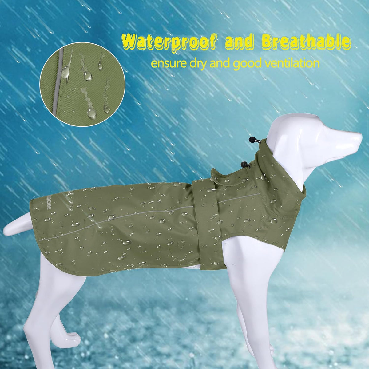 MAMORE waterproof dog apparel demonstrating the built-in leash and harness accessible back slit.